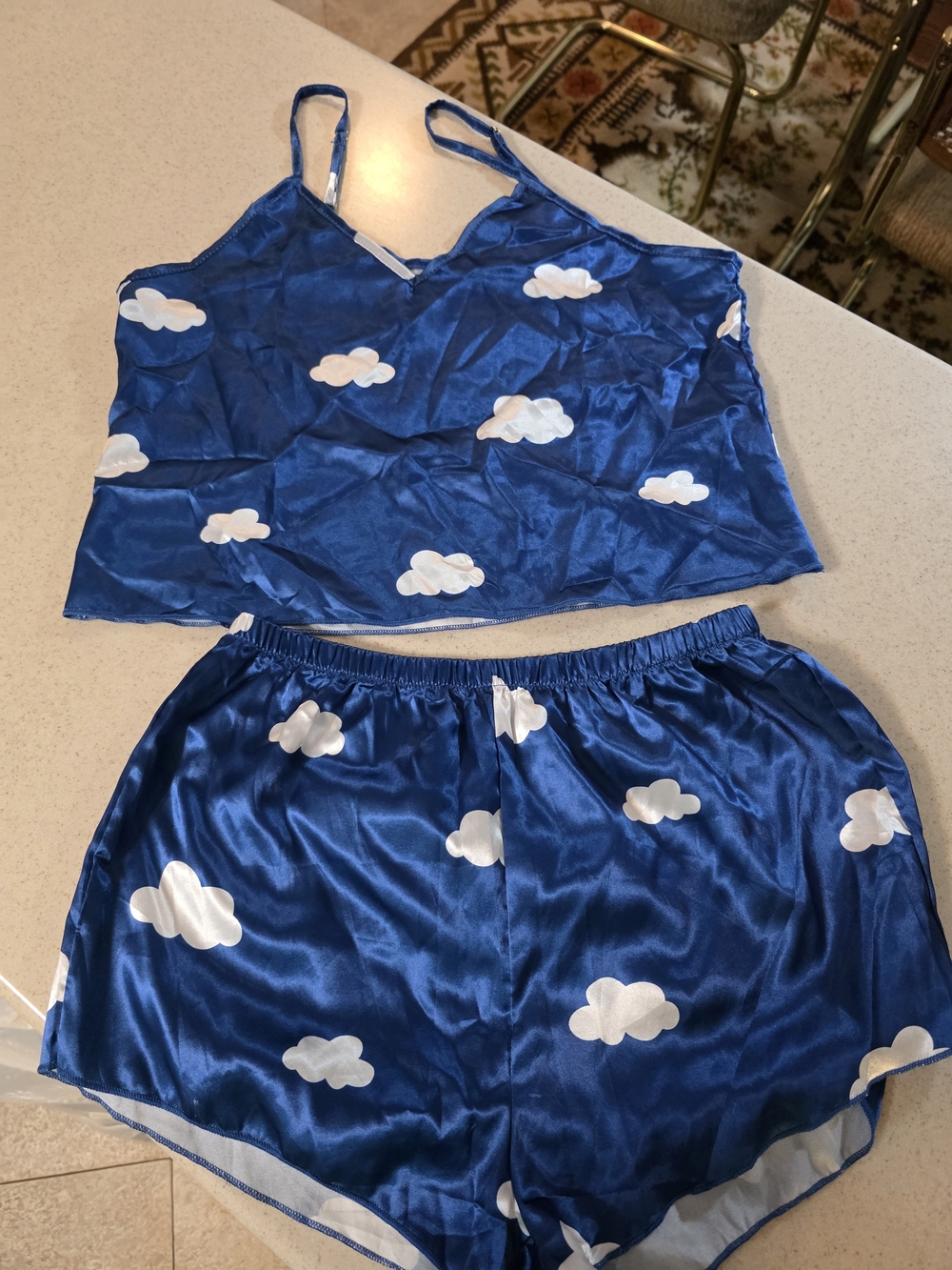 SHEIN Blue Cloud-Print Satin Cami & Shorts Pajama Set